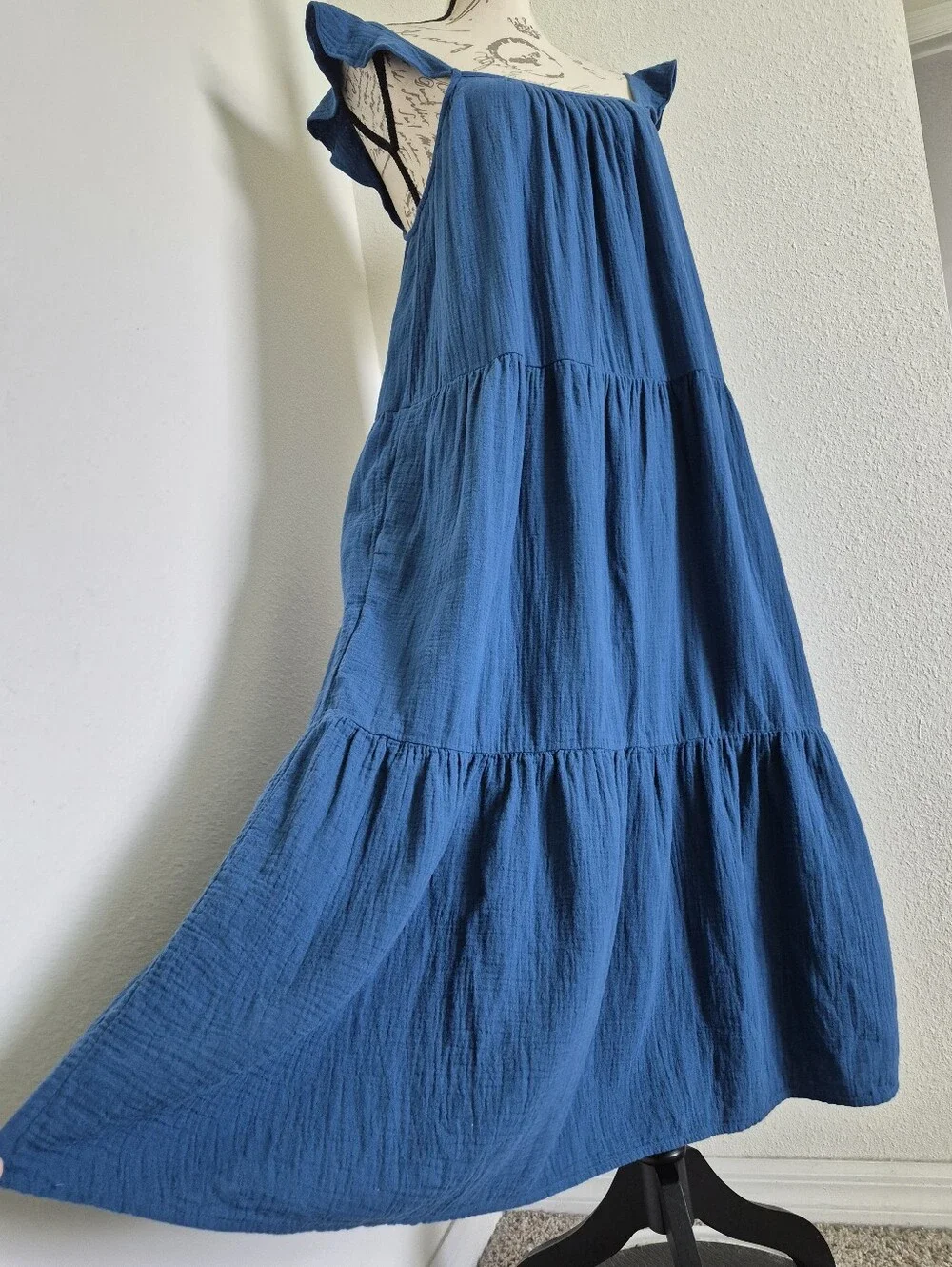 J. Crew Blue Gauze Tiered Maxi Dress S Ruffle Strap Cotton Boho Beach Resort